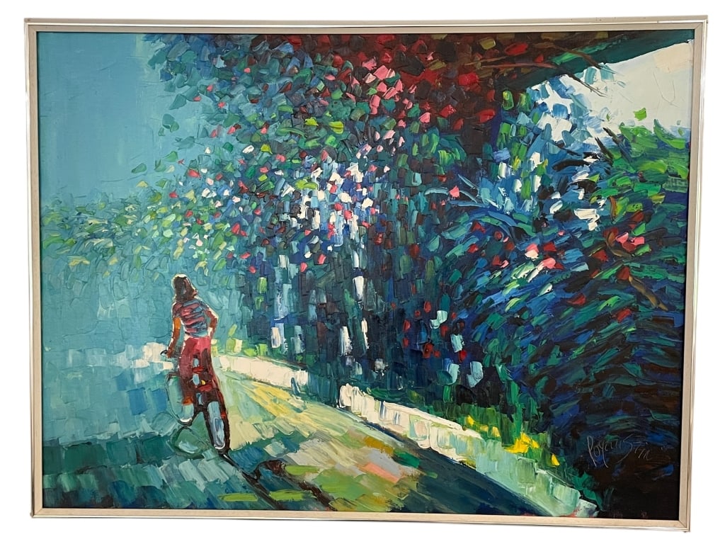 IMPRESSIONIST STYLE CYCLIST OIL PAINTING 41" (1 of 5)
