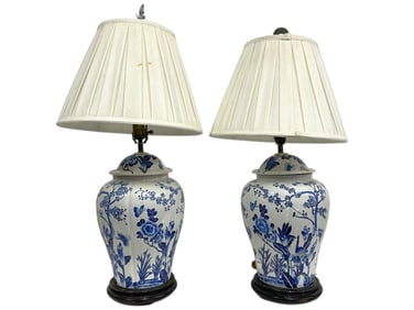 PAIR OF BLUE AND WHITE PORCELAIN LAMPS 28"