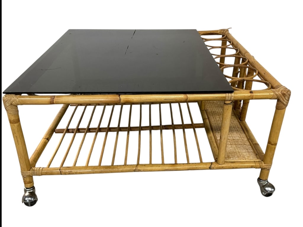 VINTAGE BAMBOO & RATTAN BAR CART COFFEE TABLE 30" (1 of 6)
