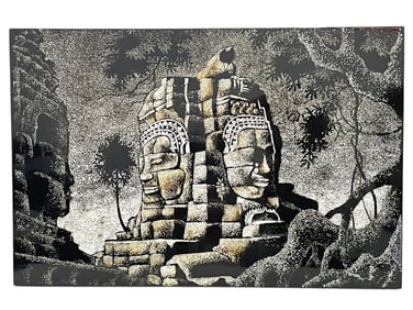 TEMPLE STONE FACES LACQUER ART PANEL 24"