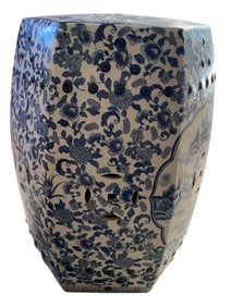 VINTAGE BLUE AND WHITE HEXAGONAL GARDEN STOOL