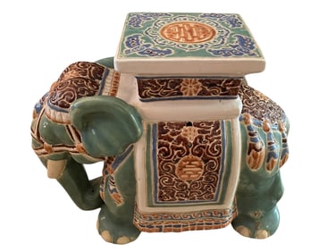 VINTAGE POLYCHROME CERAMIC ELEPHANT STOOL