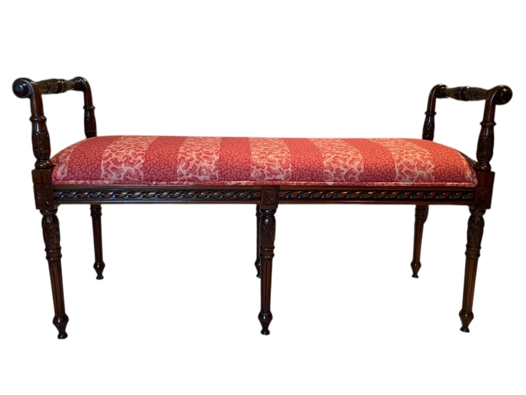 VINTAGE REGENCY STYLE CARVED UPHOLSTERED BENCH (1 of 7)