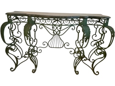 VINTAGE VERDIGRIS WROUGHT IRON MARBLE TOP CONSOLE