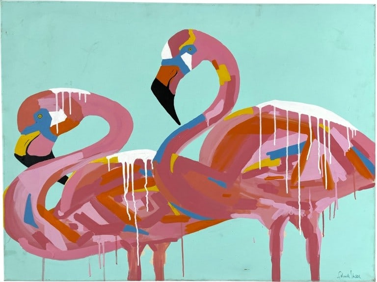 GABRIELA KRAUS FLAMINGOS PAINTING 40": GABRIELA KRAUS ORIGINAL ACRYLIC PAINTING ON CANVAS, "FLAMINGOS," MEASURING APPROXIMATELY 30" X 40". THIS VIBRANT CONTEMPORARY PIECE FEATURES TWO FLAMINGOS EXECUTED IN BOLD GEOMETRIC STROKES OF PINK, O