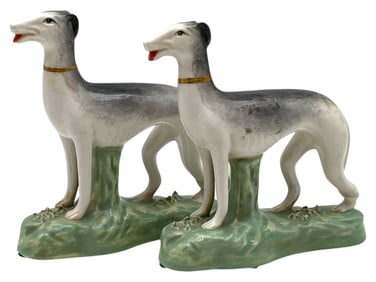 STAFFORDSHIRE STYLE PAIR OF GREYHOUND FIGURINES