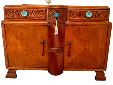 VINTAGE ART DECO CARVED WOOD SIDEBOARD CONSOLE