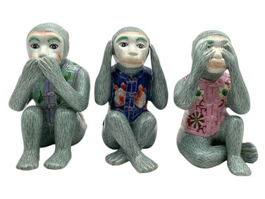 3 PORCELAIN MONKEY FIGURINES 7"