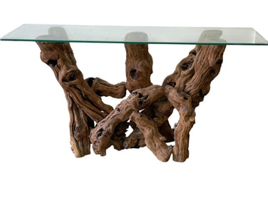 NATURAL DRIFTWOOD CONSOLE TABLE W GLASS TOP 37"