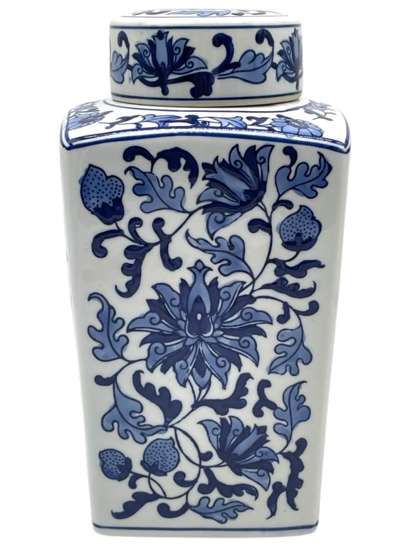 BLUE AND WHITE PORCELAIN SQUARE LIDDED JAR 12": BLUE AND WHITE PORCELAIN SQUARE LIDDED JAR 12" -Very good pre owned condition -Approx 12" -A striking blue and white porcelain square jar with fitted lid, finely decorated with scrolling lotus flowers