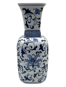 BLUE AND WHITE PORCELAIN SQUARE VASE 16"