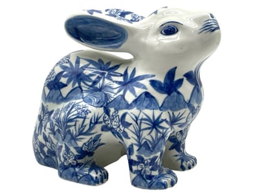 BLUE AND WHITE PORCELAIN RABBIT FIGURINE 9"
