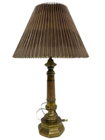 BRASS TABLE LAMP W TEXTURED COLUMN & PLEATED SHADE