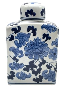 BLUE AND WHITE SQUARE PORCELAIN JAR 10"