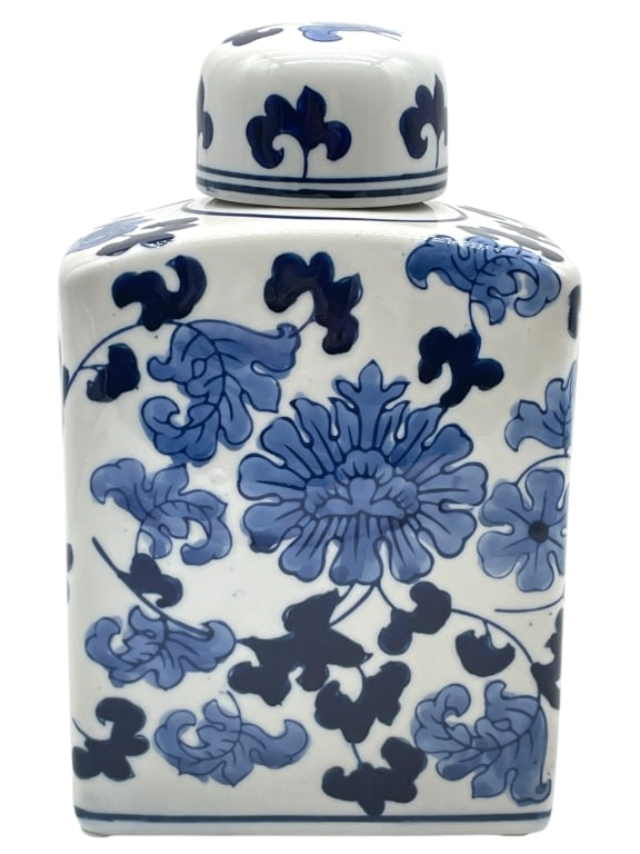 BLUE AND WHITE SQUARE PORCELAIN JAR 10" (1 of 7)