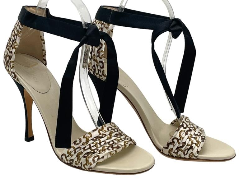 GUCCI FRONT TIE HEELS LOGO BIT PRINT SANDALS 6.5B (1 of 7)