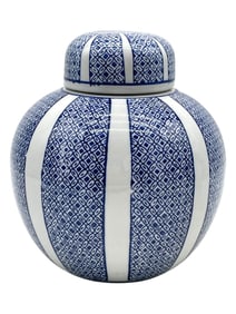 BLUE & WHITE GEOMETRIC PATTERN PORCELAIN JAR 8"