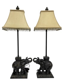 ELEPHANT MOTIF TABLE LAMPS WITH BEADED SHADES 28"