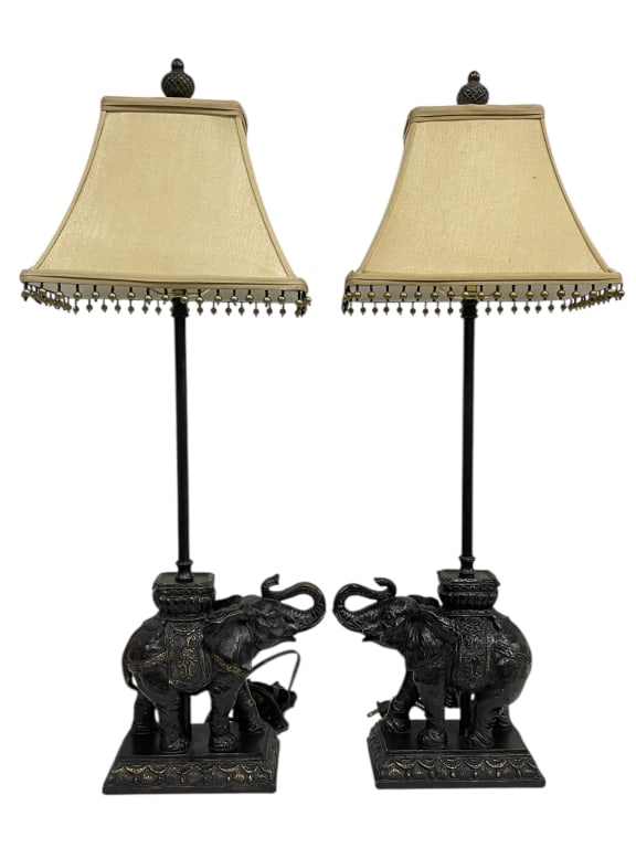 ELEPHANT MOTIF TABLE LAMPS WITH BEADED SHADES 28" (1 of 8)