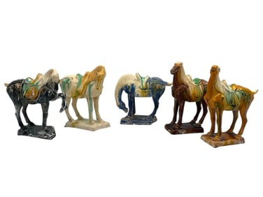 5 CHINESE TANG-STYLE GLAZED HORSE FIGURINES 6"