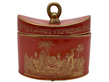 CHELSEA HOUSE RED & GILT PORCELAIN TEA CADDY 6"
