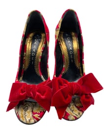 CASADEI RED VELVET BOW HEELS PAISLEY PRINT 6B