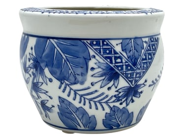 BLUE & WHITE PORCELAIN PLANTER W BOTANICAL DESIGN