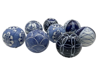 8 BLUE & WHITE PORCELAIN DECORATIVE SPHERES 3"