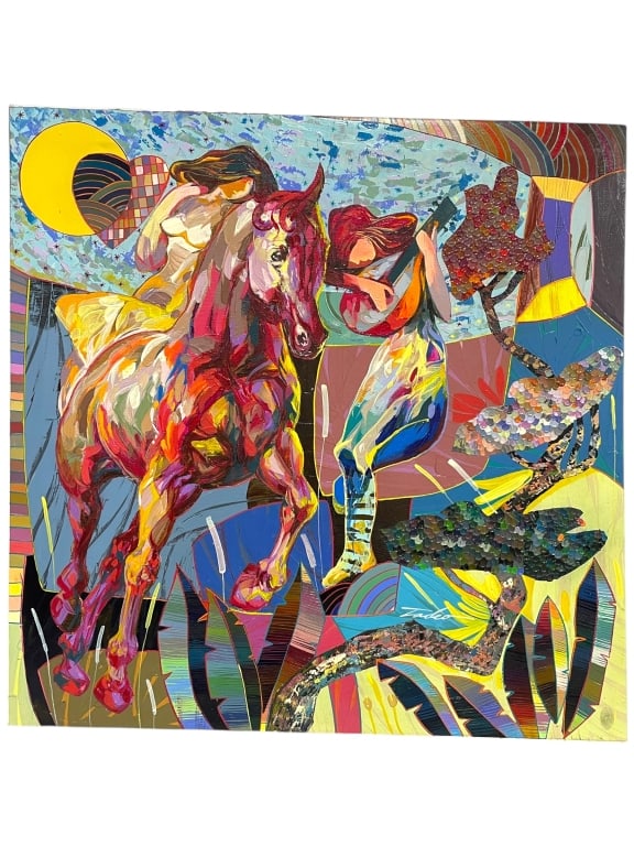TADEO ZAVALETA HORSE & MUSICIAN PAINTING 27": ORIGINAL TADEO ZAVALETA NEO-FIGURATIVE HORSE & MUSICIAN PAINTING -This is a vibrant and dynamic original acrylic and oil painting on canvas by the noted Peruvian artist Tadeo Zavaleta de la Barra (b.
