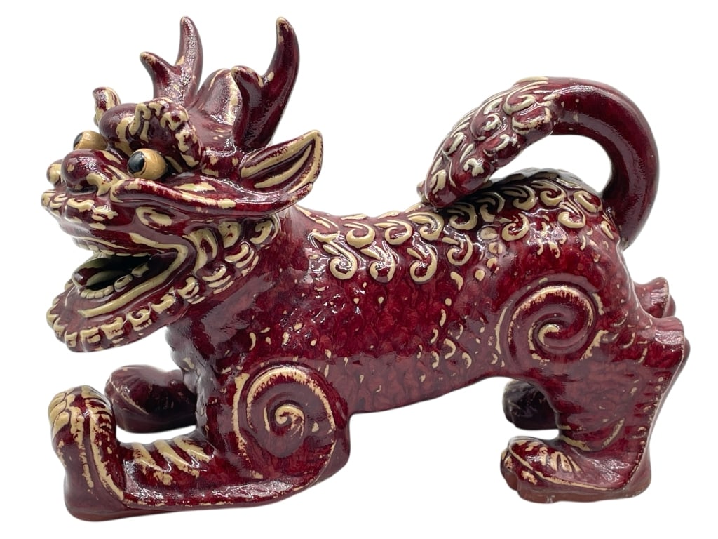 CHINESE RED GLAZED FOO LION FIGURINE 12" (1 of 8)