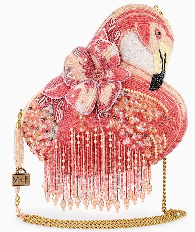 NEW MARY FRANCES A LEG TO STAND CROSSBODY: NEW MARY FRANCES A LEG TO STAND ON PINK FLAMINGO BEADED CROSSBODY HANDBAG -NEW -WITH ITS DAZZLING PINK BEADWORK AND CASCADING FRINGE, A LEG TO STAND ON FLAMINGO CROSSBODY'S UNIQUE DESIGN AND SHIMMERIN