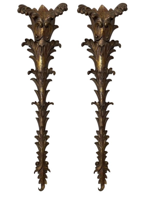 REGENCY STYLE GESSO OVER PLASTER WALL POCKETS 29": PAIR OF REGENCY STYLE GESSO OVER PLASTER WALL POCKETS -Very good pre owned condition -Approx 29"h x 8"w -features richly detailed scrollwork and foliate designs extending downward in a dramatic tapere