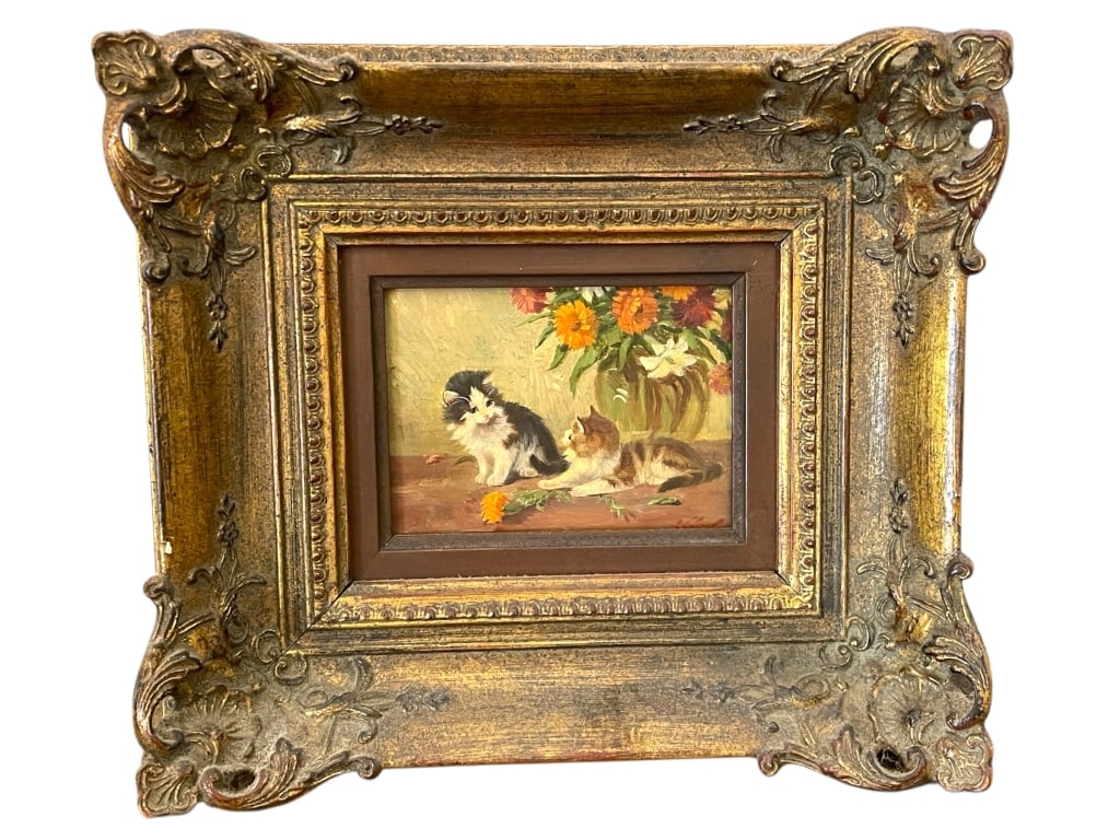 FRAMED PAINTING OF KITTENS WITH FLOWERS 9.5" (1 of 7)