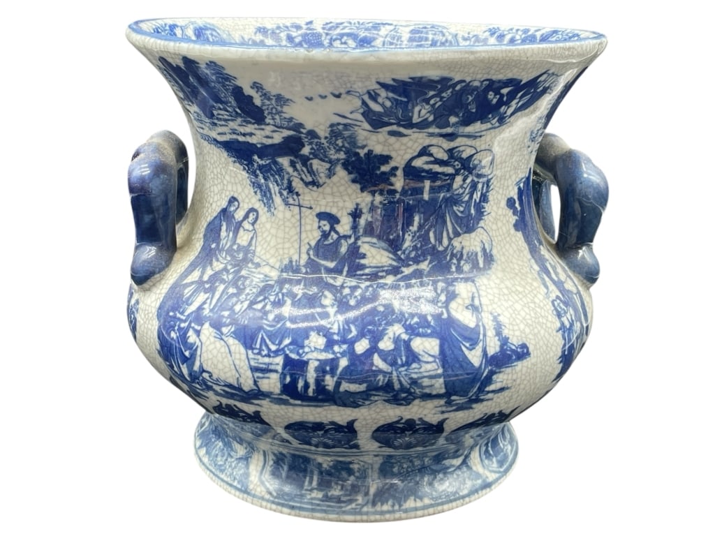 BLUE AND WHITE TRANSFERWARE VESSEL W HANDLES 10" (1 of 6)