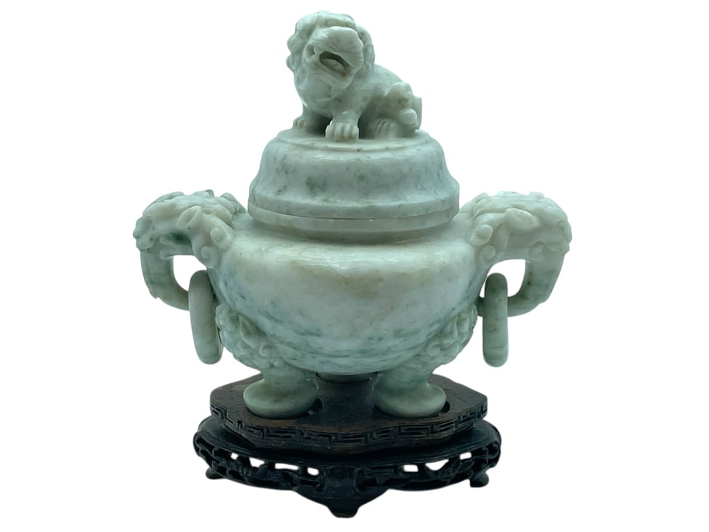 CARVED JADE SOAPSTONE CENSER WITH FU DOG FINIAL (1 of 6)