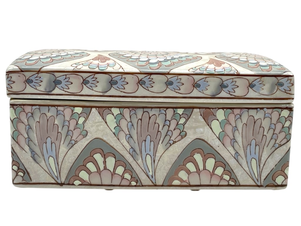 CHINESE PORCELAIN PEACOCK BOX 8": CHINESE PORCELAIN PEACOCK BOX 8" -Very good pre owned condition -Approx 8"l x 4"w x 3.5"h -Elegant rectangular porcelain lidded box featuring a striking feather motif design in pastel tones of lavende
