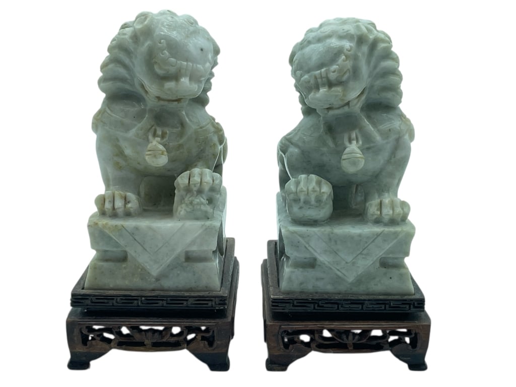 CARVED JADE SOAPSTONE FOO DOGS ON WOODEN BASES (1 of 8)