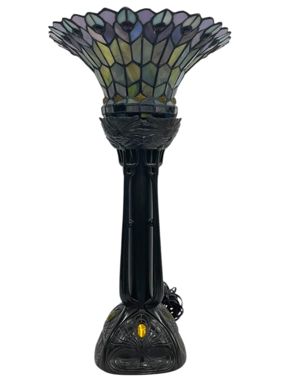 TIFFANY-STYLE TABLE LAMP WITH ART NOUVEAU BASE 24" (1 of 12)