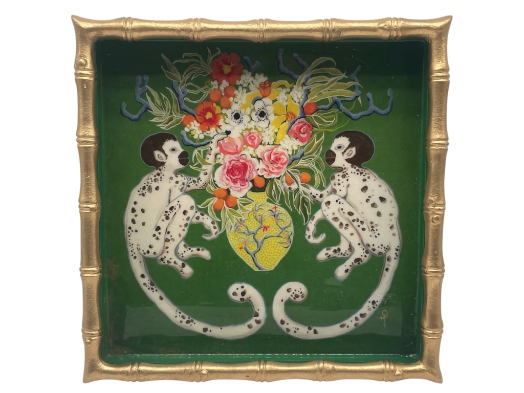 PAIGE GEMMEL MONKEY & FLORAL DECORATIVE TRAY 13": JAYES STUDIO & PAIGE GEMMEL MONKEY & FLORAL DECORATIVE METAL TRAY W BAMBOO RIM 13" -Very good pre owned condition -Approx 13"l x 13"w x 3"h -A whimsical and vibrant vintage decorative tray featuring t