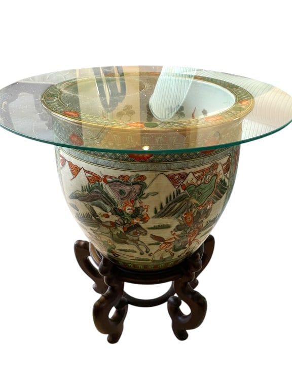PORCELAIN FISH BOWL TABLE W GLASS TOP & WOOD STAND (1 of 7)