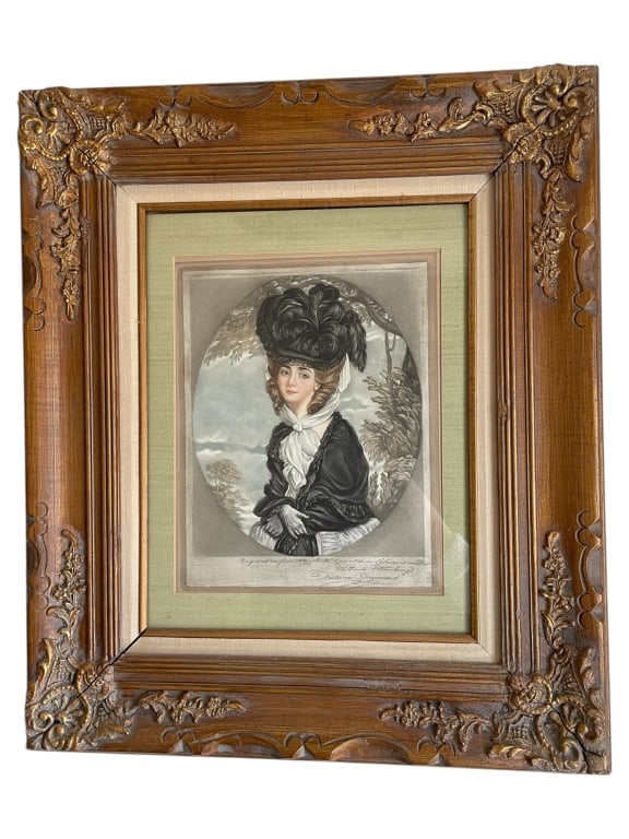 PORTRAIT ENGRAVING IN ORNATE WOOD FRAME 26.5": PORTRAIT ENGRAVING IN ORNATE WOOD FRAME 26.5" -Very good pre owned condition -Approx 23.5"l x 2"w x 26.5"h -Engraving depicting a distinguished lady in period dress, adorned with a lavish feathered ha
