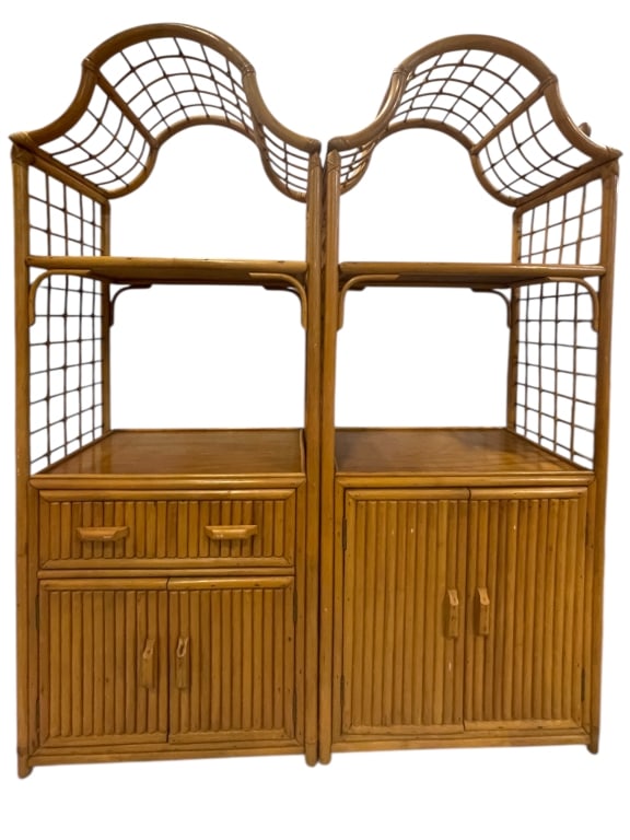 VINTAGE  RATTAN DOUBLE PAGODA ETAGERE CABINETS (1 of 10)