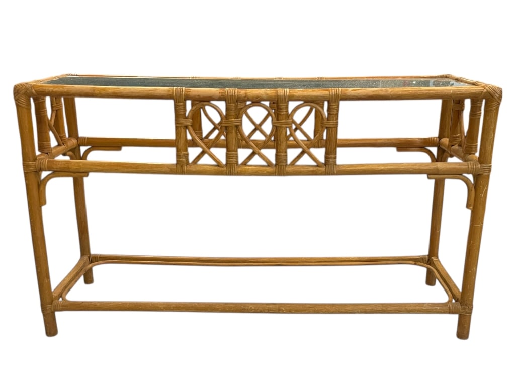 VINTAGE COASTAL RATTAN & GLASS CONSOLE TABLE 47" (1 of 6)