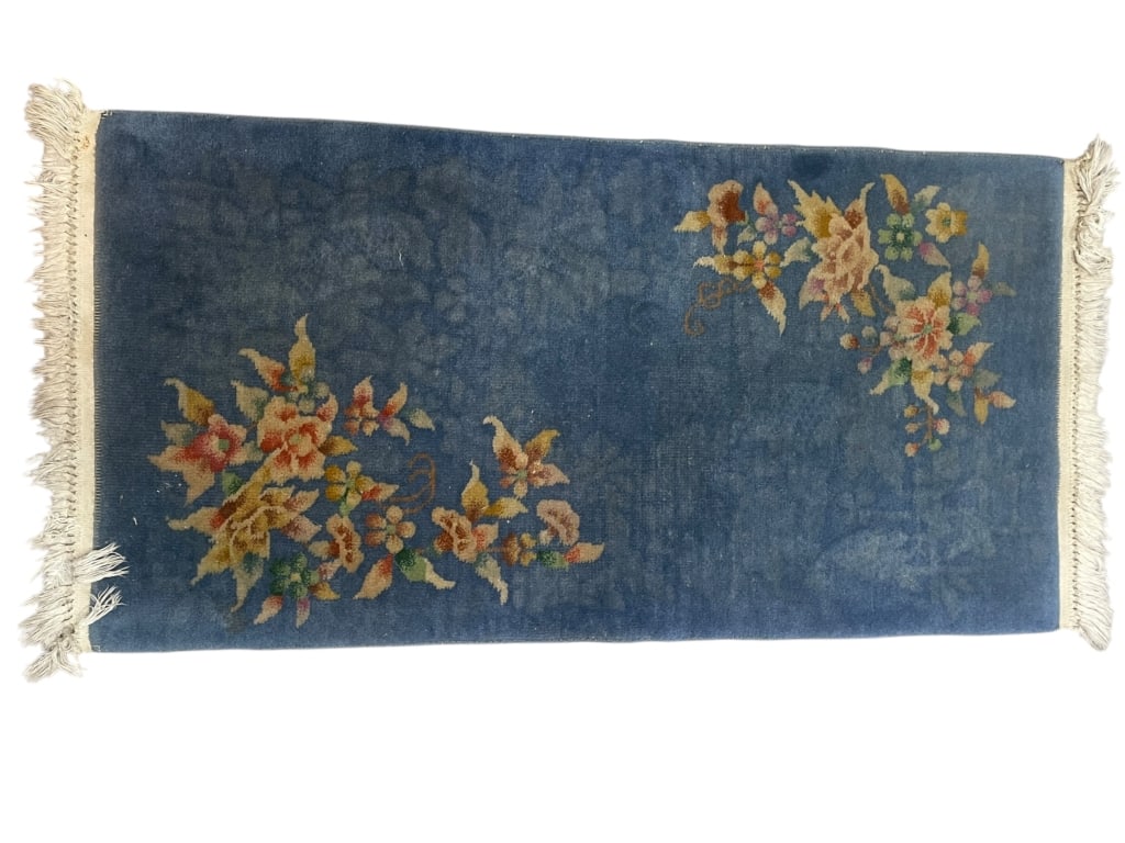 VINTAGE CHINESE ART DECO STYLE RUG 2''X4': VINTAGE CHINESE ART DECO STYLE RUG WITH FLORAL DESIGN -1 OF 2 SIMILAR -An elegant vintage rug in the sought-after Chinese Art Deco style. This hand-knotted piece features a soft, expansive sky blue fi