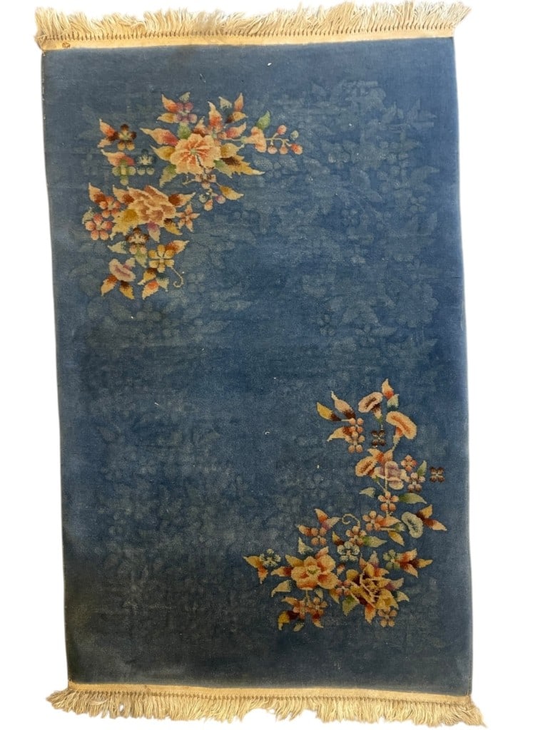 VINTAGE CHINESE ART DECO STYLE RUG 3' X 5': -An elegant vintage rug in the sought-after Chinese Art Deco style. This hand-knotted piece features a soft, expansive sky blue field with a lovely patina, creating a calm and airy backdrop. The field