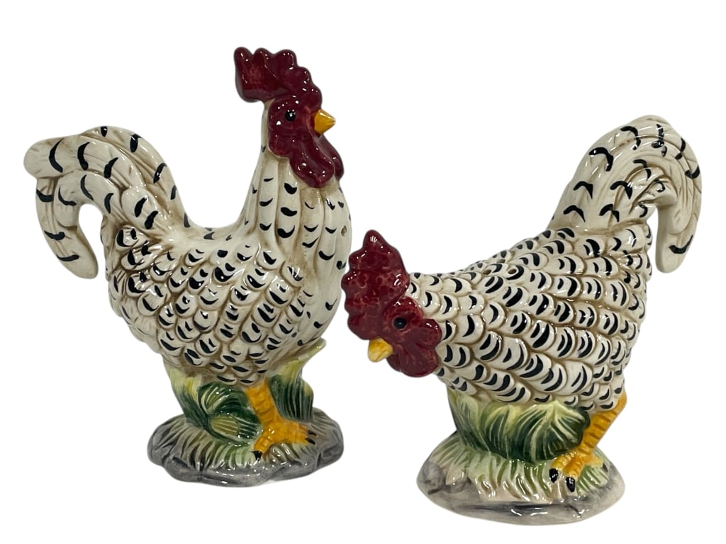 J. WILLFRED CERAMIC ROOSTER SALT & PEPPER SHAKERS: J. WILLFRED CERAMIC ROOSTER SALT & PEPPER SHAKERS -Very good pre owned condition -Approx 5"h x 3"w -Featuring detailed black and white feather patterns, bright red combs, and yellow feet standing on g
