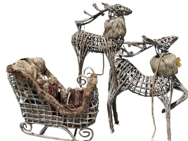 RATTAN REINDEER AND SLEIGH HOLIDAY DISPLAY 35"
