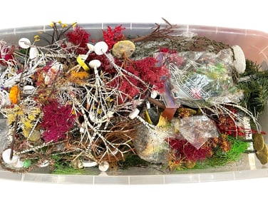 BIN OF MIXED MINIATURE HOLIDAY TREES & GREENERY