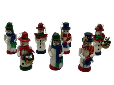 SET OF 7 VINTAGE WOODEN SNOWMAN ORNAMENTS 1.5"X5"