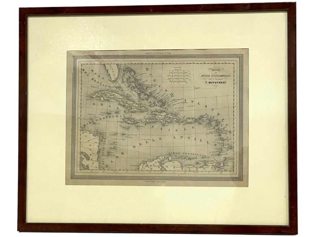 19TH CENTURY MAP OF THE WEST INDIES 19.5": FRAMED 19TH CENTURY STYLE MAP OF THE WEST INDIES BY T. DUVOITENAY – “CARTE DES INDES D’OCCIDENTALES” – FRENCH ANTIQUE STYLE ENGRAVED MAPELEGANTLY FRAMED ENGRAVED MAP TITLED “CARTE DES